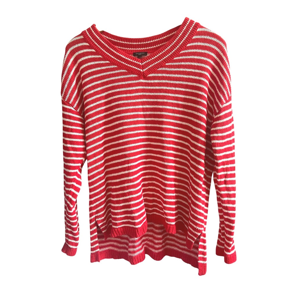 Talbots Red White Stripe Linen Cotton V-Neck Sweater Petite L